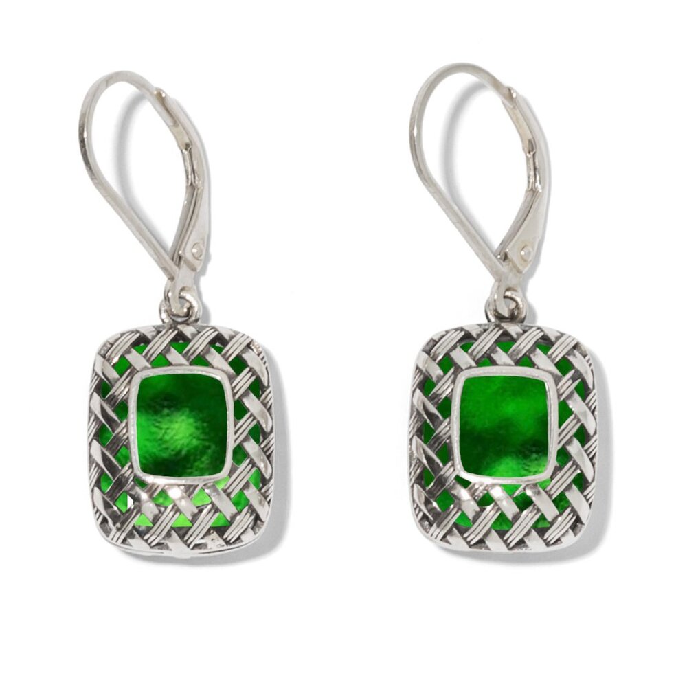 Recycled Vintage 1960's Green Beer Bottle Sterling Quilted Square Earrings